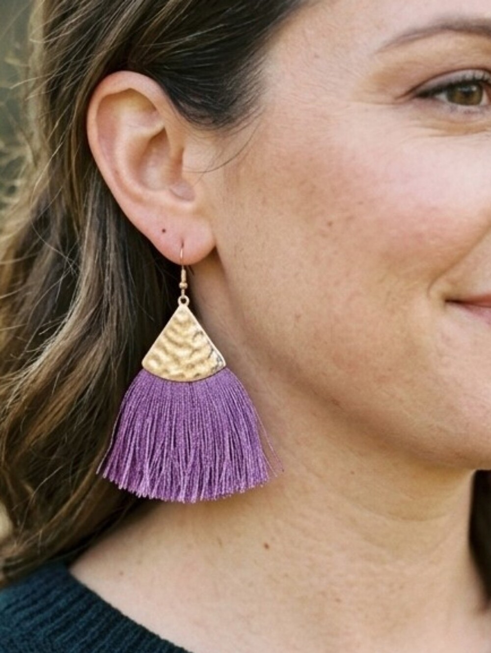 Clover Nickel/Lead Free Purple Tassel Drop Earrings - Gold Accent